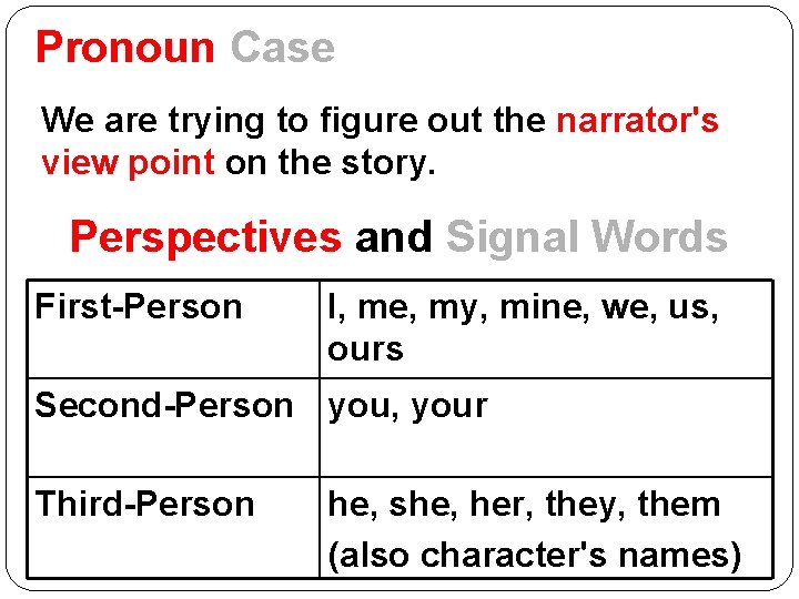 Pronoun Case We are trying to figure out the narrator's view point on the