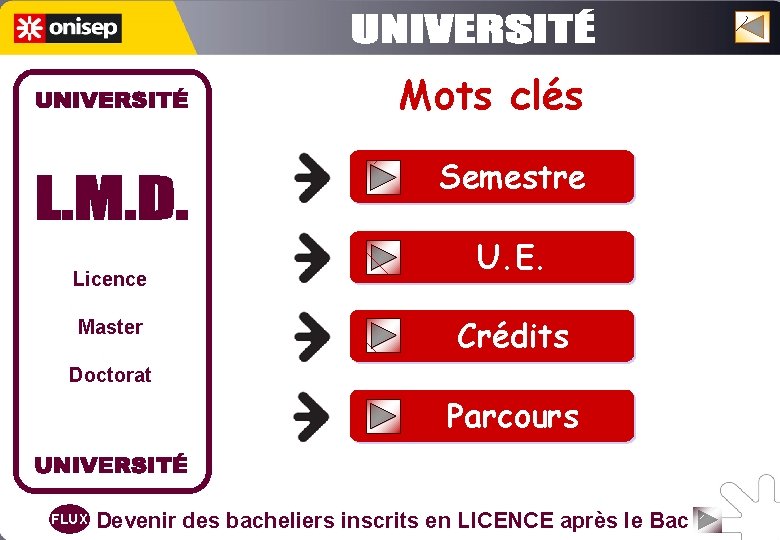 Mots clés Semestre Licence Master U. E. Crédits Doctorat Parcours FLUX Devenir des bacheliers