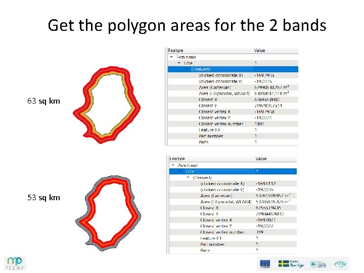 Get the polygon areas for the 2 bands 63 sq km 53 sq km