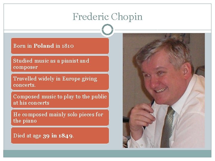 Frederic Chopin Born in Poland in 1810 Studied music as a pianist and composer Frederic Chopin Born in Poland in 1810 Studied music as a pianist and composer