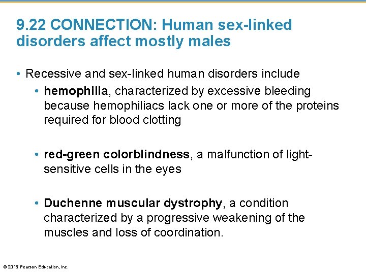 9. 22 CONNECTION: Human sex-linked disorders affect mostly males • Recessive and sex-linked human