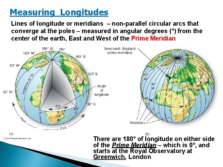 Measuring Longitudes Lines of longitude or meridians – non-parallel circular arcs that converge at