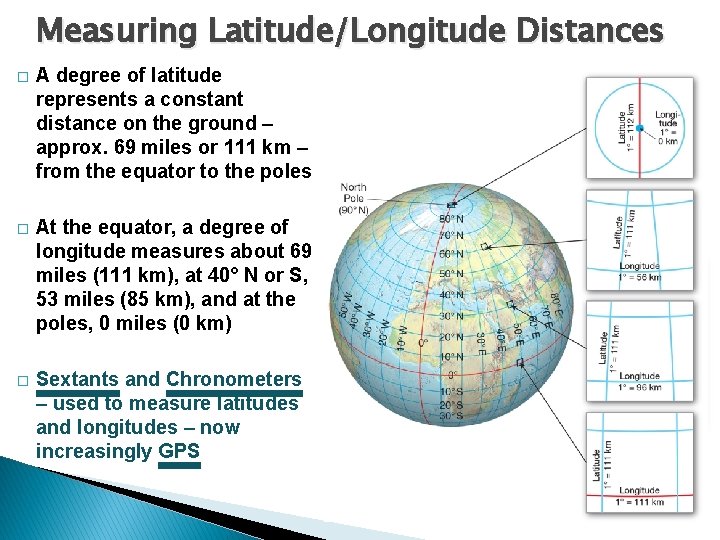 Measuring Latitude/Longitude Distances � A degree of latitude represents a constant distance on the