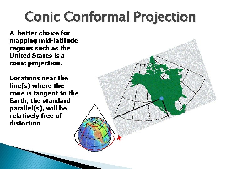 Conic Conformal Projection A better choice for mapping mid-latitude regions such as the United