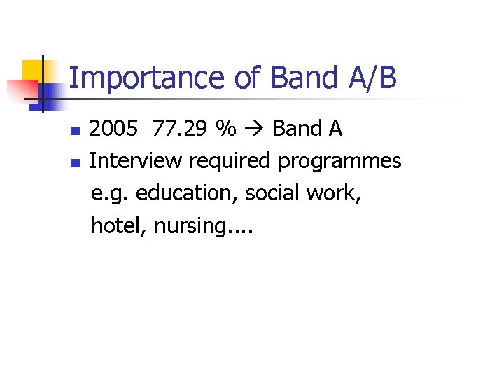 Importance of Band A/B n n 2005 77. 29 % Band A Interview required