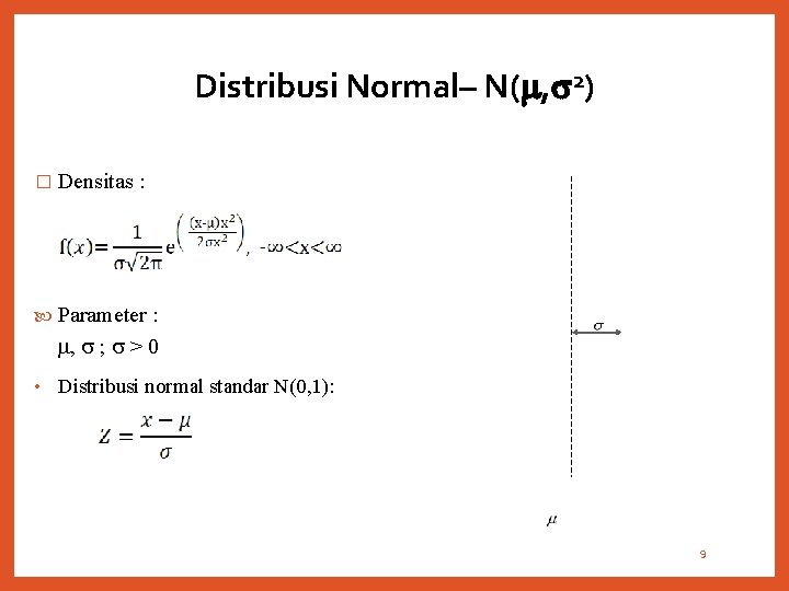 Distribusi Normal– N( , 2) � Densitas : Parameter : , ; > 0