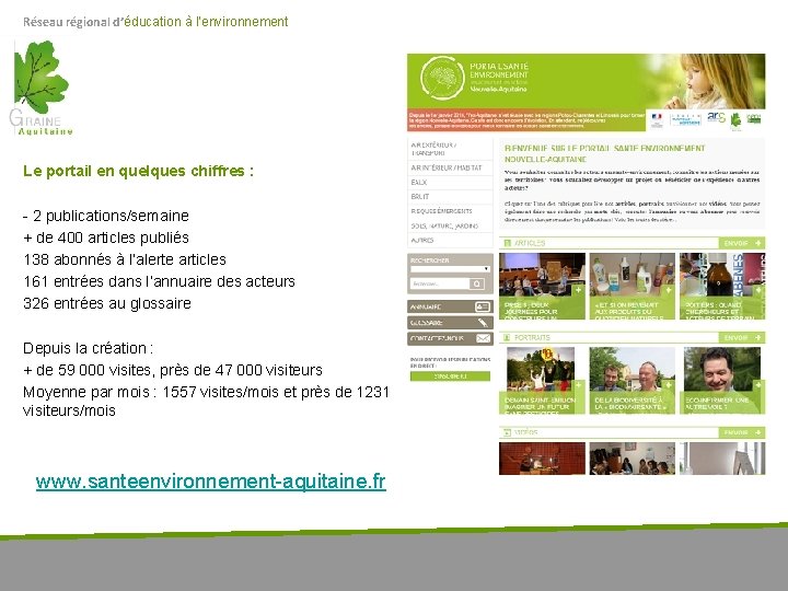 Réseau régional d’éducation à l’environnement Le portail en quelques chiffres : - 2 publications/semaine Réseau régional d’éducation à l’environnement Le portail en quelques chiffres : - 2 publications/semaine