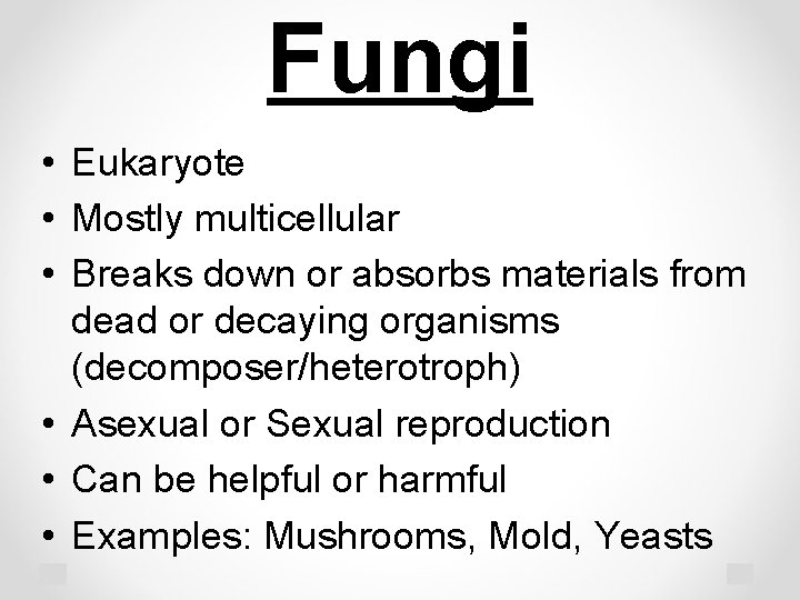 Fungi • Eukaryote • Mostly multicellular • Breaks down or absorbs materials from dead