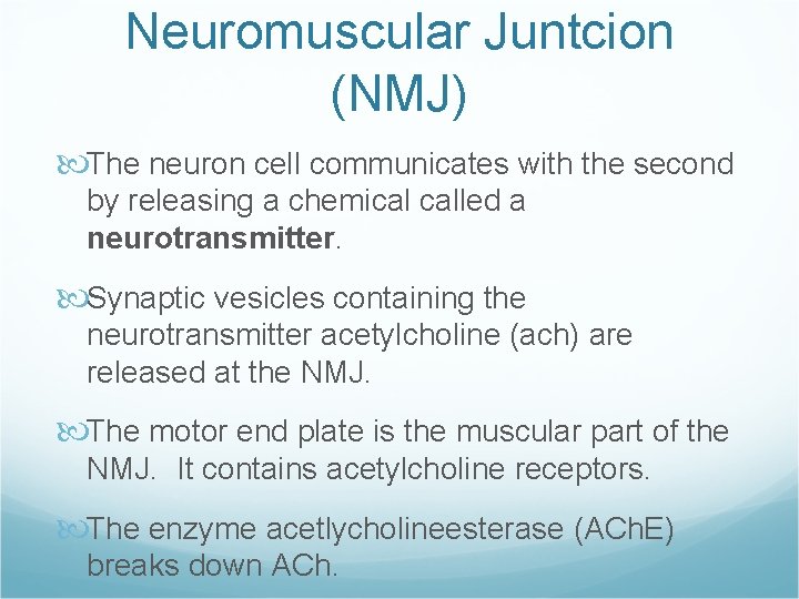 Neuromuscular Juntcion (NMJ) The neuron cell communicates with the second by releasing a chemical