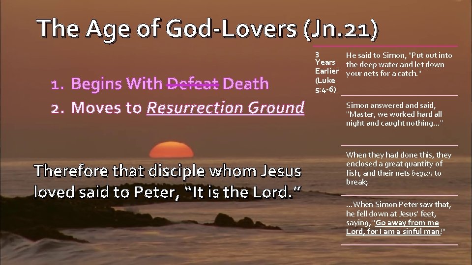 The Age of God-Lovers (Jn. 21) 1. Begins With Defeat Death 2. Moves to