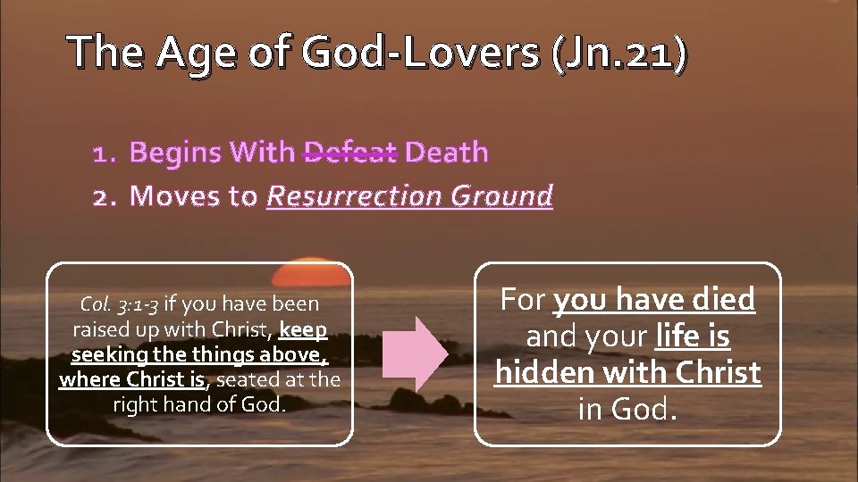 The Age of God-Lovers (Jn. 21) 1. Begins With Defeat Death 2. Moves to