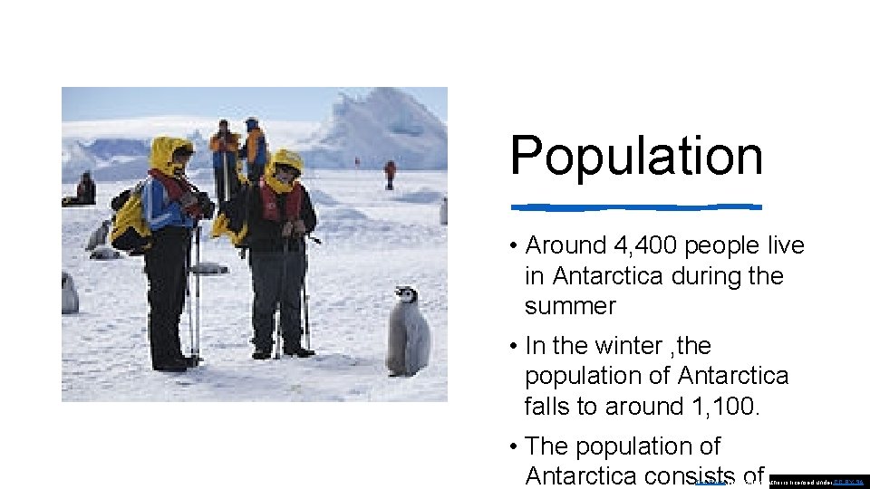 Population • Around 4, 400 people live in Antarctica during the summer • In