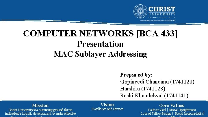 COMPUTER NETWORKS [BCA 433] Presentation MAC Sublayer Addressing Prepared by: Gopineedi Chandana (1741120) Harshita