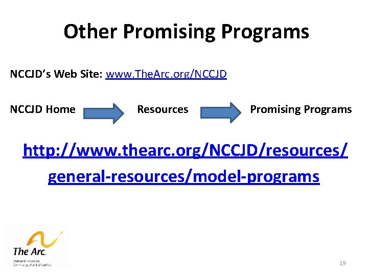 Other Promising Programs NCCJD’s Web Site: www. The. Arc. org/NCCJD Home Resources Promising Programs