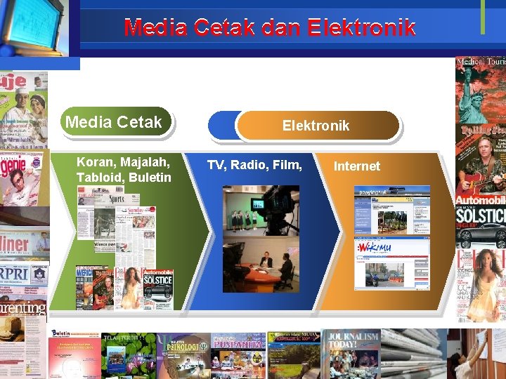 Media Cetak dan Elektronik Media Cetak Koran, Majalah, Tabloid, Buletin Elektronik TV, Radio, Film,