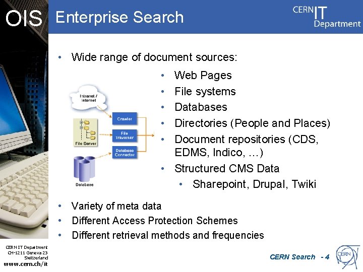 OIS Enterprise Search • Wide range of document sources: • • • Web Pages
