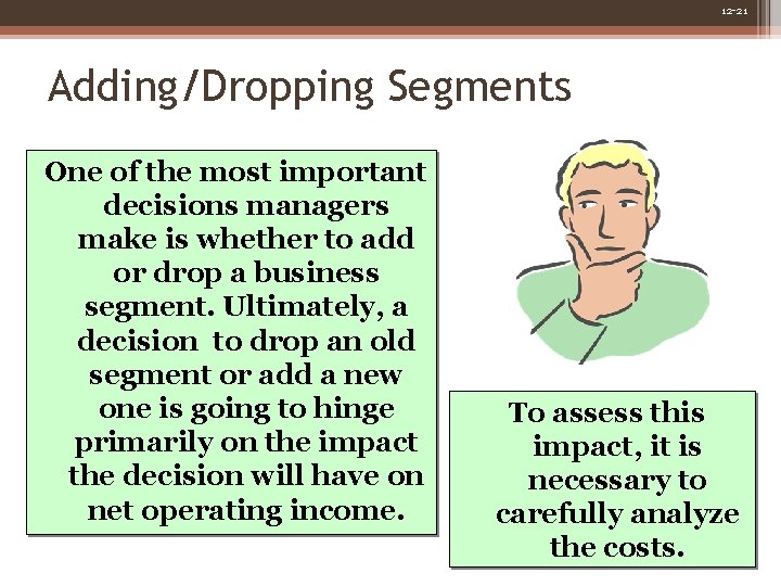 12 -21 Adding/Dropping Segments One of the most important decisions managers make is whether