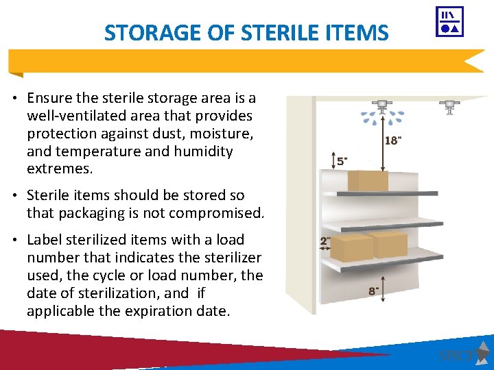 STORAGE OF STERILE ITEMS • Ensure the sterile storage area is a well-ventilated area