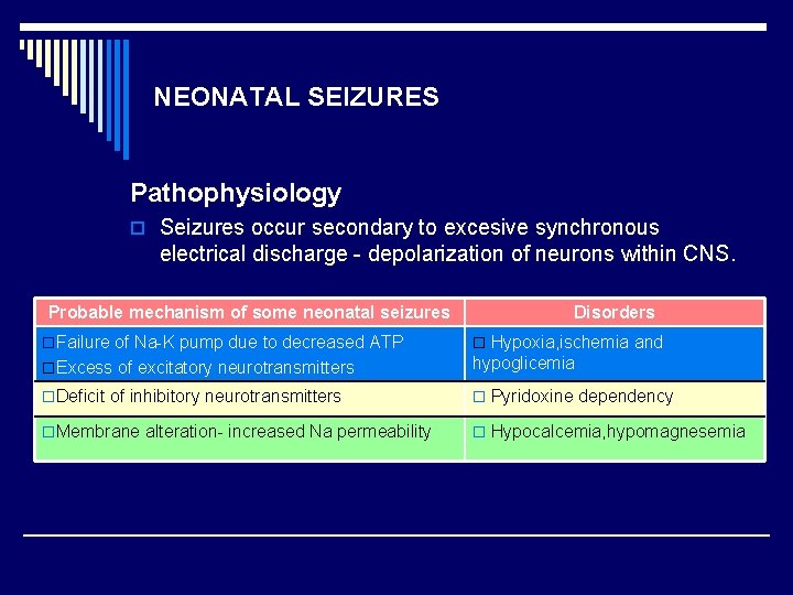 NEONATAL SEIZURES Pathophysiology o Seizures occur secondary to excesive synchronous electrical discharge depolarization of