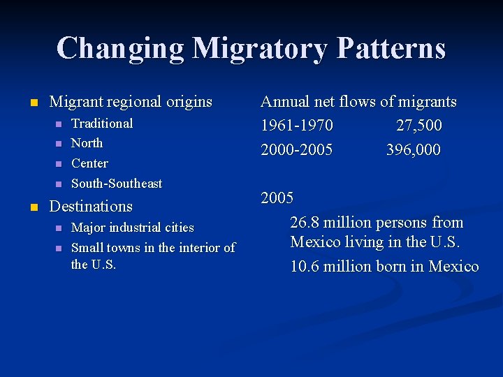 Changing Migratory Patterns n Migrant regional origins n n n Traditional North Center South-Southeast Changing Migratory Patterns n Migrant regional origins n n n Traditional North Center South-Southeast