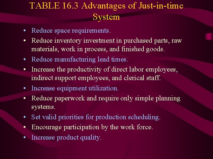 TABLE 16. 3 Advantages of Just-in-time System • Reduce space requirements. • Reduce inventory