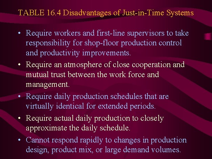 TABLE 16. 4 Disadvantages of Just-in-Time Systems • Require workers and first-line supervisors to