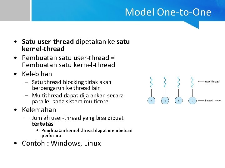 Model One-to-One • Satu user-thread dipetakan ke satu kernel-thread • Pembuatan satu user-thread =
