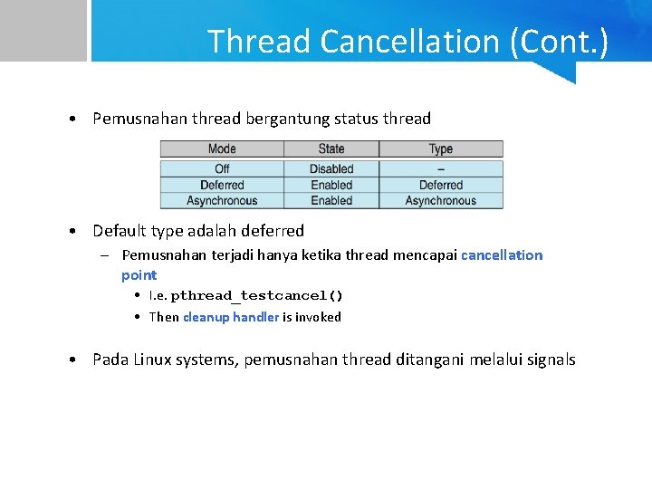 Thread Cancellation (Cont. ) • Pemusnahan thread bergantung status thread • Default type adalah