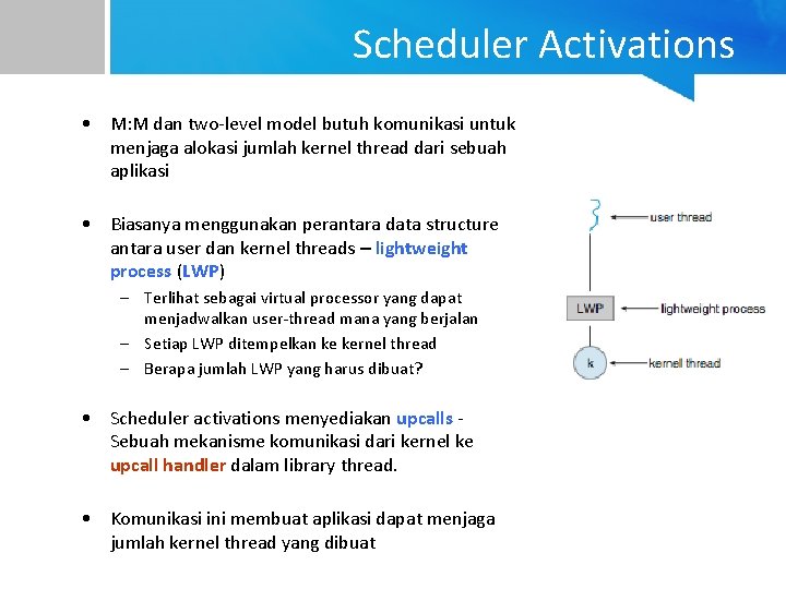 Scheduler Activations • M: M dan two-level model butuh komunikasi untuk menjaga alokasi jumlah