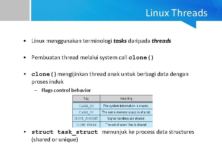 Linux Threads • Linux menggunakan terminologi tasks daripada threads • Pembuatan thread melalui system