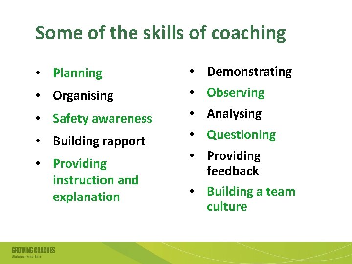 Some of the skills of coaching • Planning • Demonstrating • Organising • Observing