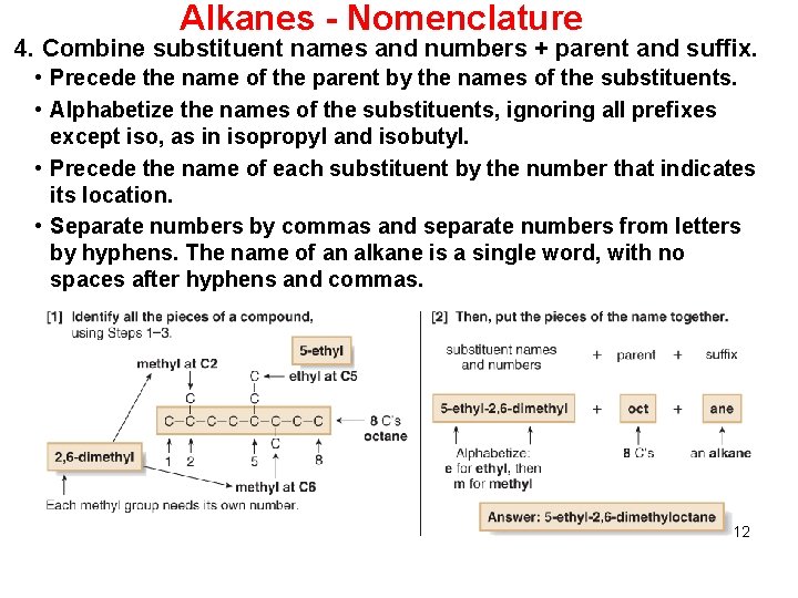 Alkanes - Nomenclature 4. Combine substituent names and numbers + parent and suffix. •