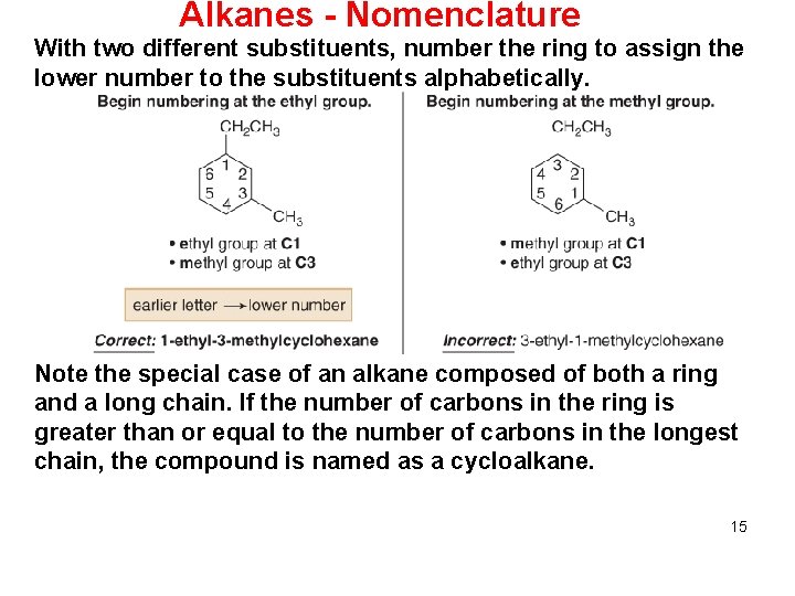 Alkanes - Nomenclature With two different substituents, number the ring to assign the lower