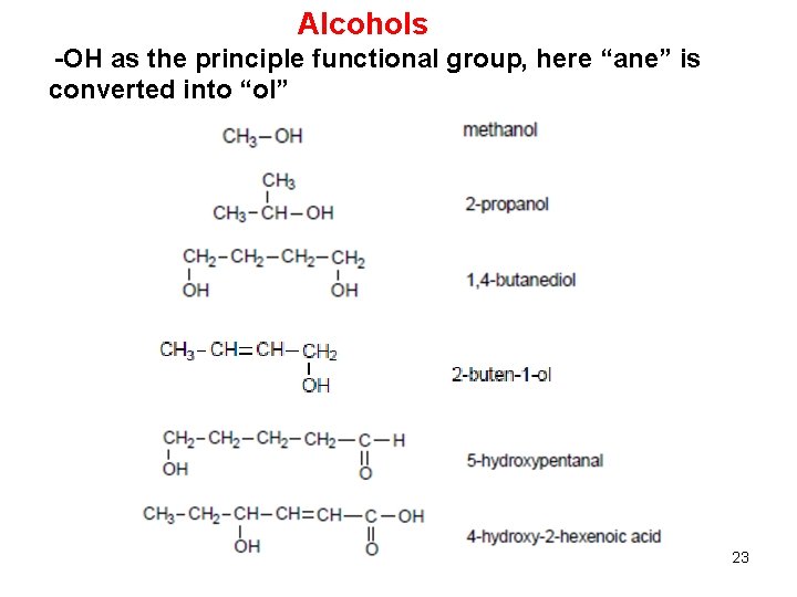 Alcohols -OH as the principle functional group, here “ane” is converted into “ol” 23