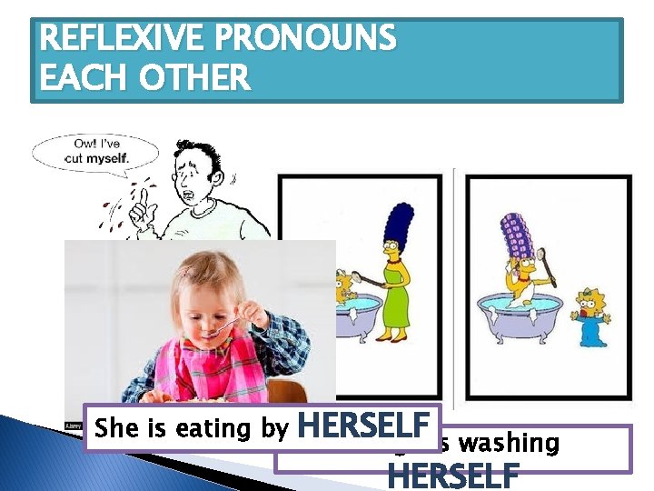 REFLEXIVE PRONOUNS EACH OTHER She is eating by HERSELF Marge is washing HERSELF 