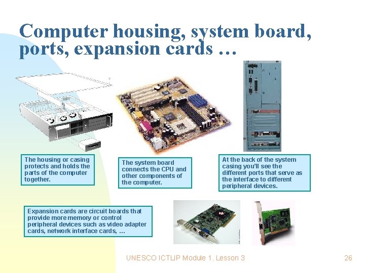Computer housing, system board, ports, expansion cards … The housing or casing protects and