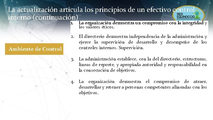 La actualización articula los principios de un efectivo control interno (continuación) 1. Ambiente de