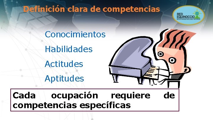 Definición clara de competencias Conocimientos Habilidades Actitudes Aptitudes Cada ocupación requiere competencias específicas de