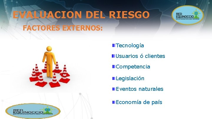 EVALUACION DEL RIESGO FACTORES EXTERNOS: Tecnología Usuarios ó clientes Competencia Legislación Eventos naturales Economía
