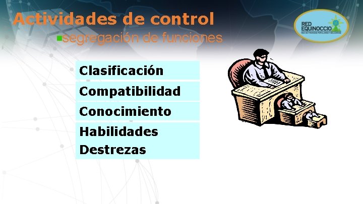 Actividades de control segregación de funciones Clasificación Compatibilidad Conocimiento Habilidades Destrezas 