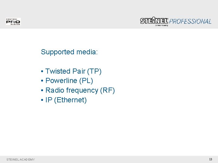 Supported media: • Twisted Pair (TP) • Powerline (PL) • Radio frequency (RF) •