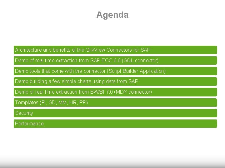 Agenda Architecture and benefits of the Qlik. View Connectors for SAP Demo of real