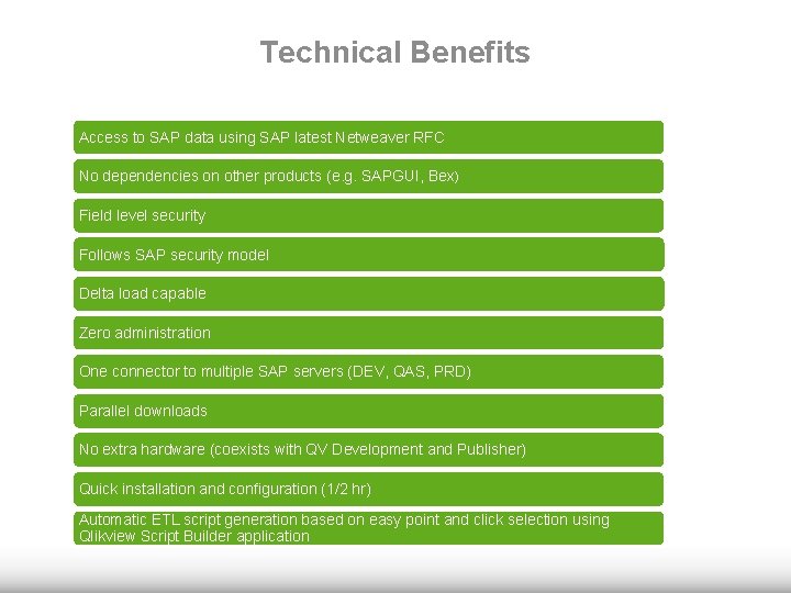 Technical Benefits Access to SAP data using SAP latest Netweaver RFC No dependencies on
