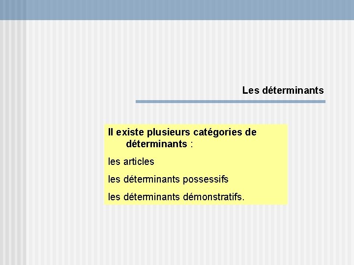 Les déterminants Il existe plusieurs catégories de déterminants : les articles déterminants possessifs les