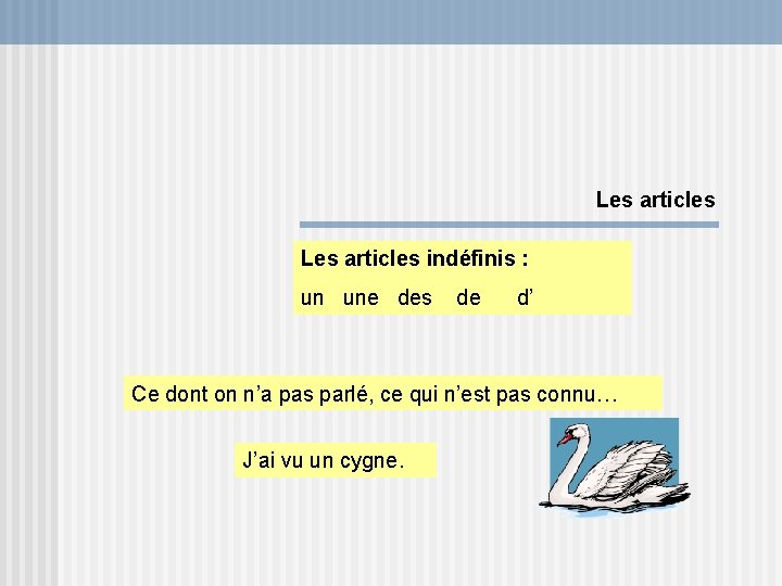 Les articles indéfinis : un une des de d’ Ce dont on n’a pas