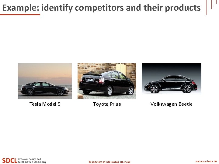 Example: identify competitors and their products Tesla Model S SDCL Software Design and Collaboration