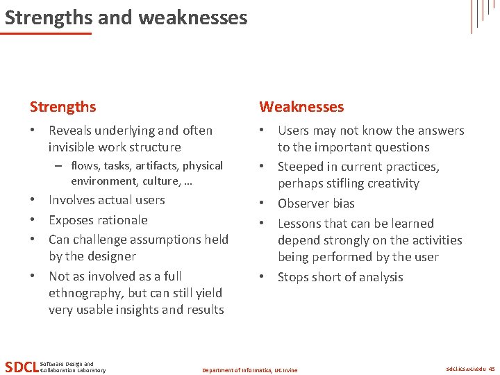 Strengths and weaknesses Strengths Weaknesses • Reveals underlying and often invisible work structure •