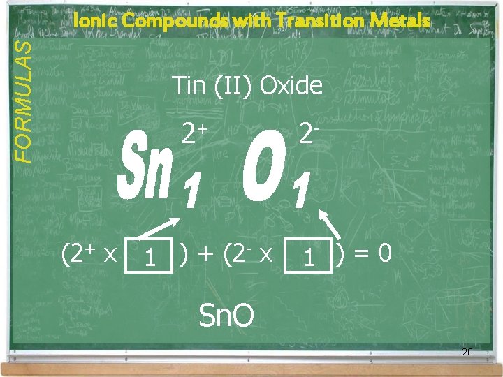 FORMULAS Ionic Compounds with Transition Metals Tin (II) Oxide 2+ (2+ x - x FORMULAS Ionic Compounds with Transition Metals Tin (II) Oxide 2+ (2+ x - x