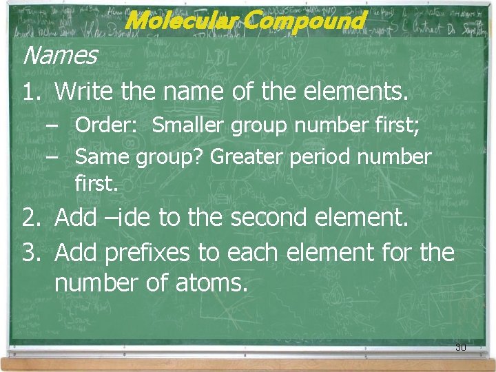 Molecular Compound Names 1. Write the name of the elements. – Order: Smaller group Molecular Compound Names 1. Write the name of the elements. – Order: Smaller group