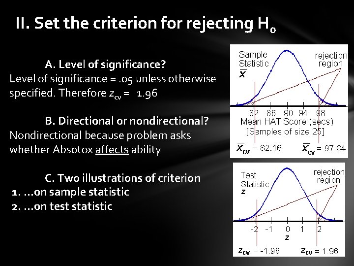 II. Set the criterion for rejecting H 0 A. Level of significance? Level of